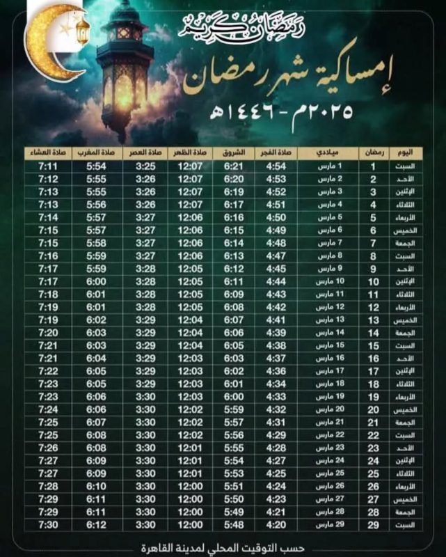 امساكية رمضان 1446 2025